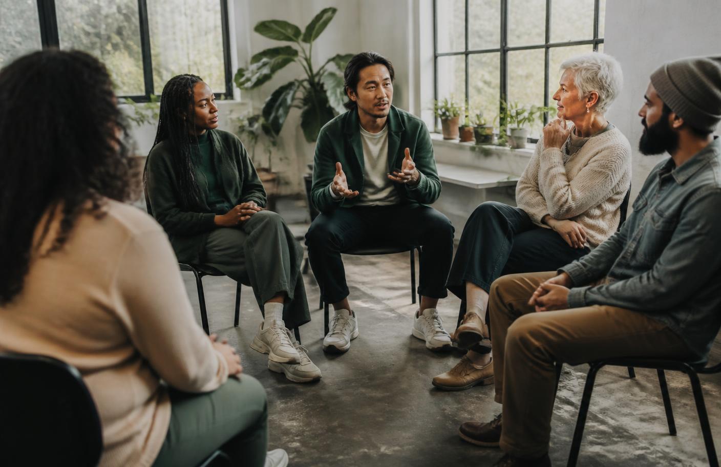 A small group of people sitting in a circle in conversation